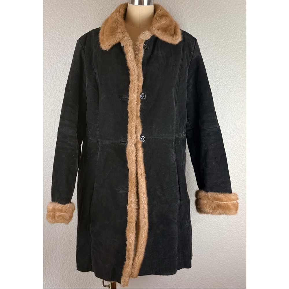 U.S.A. Leather Vintage 70s Style Penny Lane Sherpa Lined Coat 
Black w/Tan Large - Picture 3 of 11